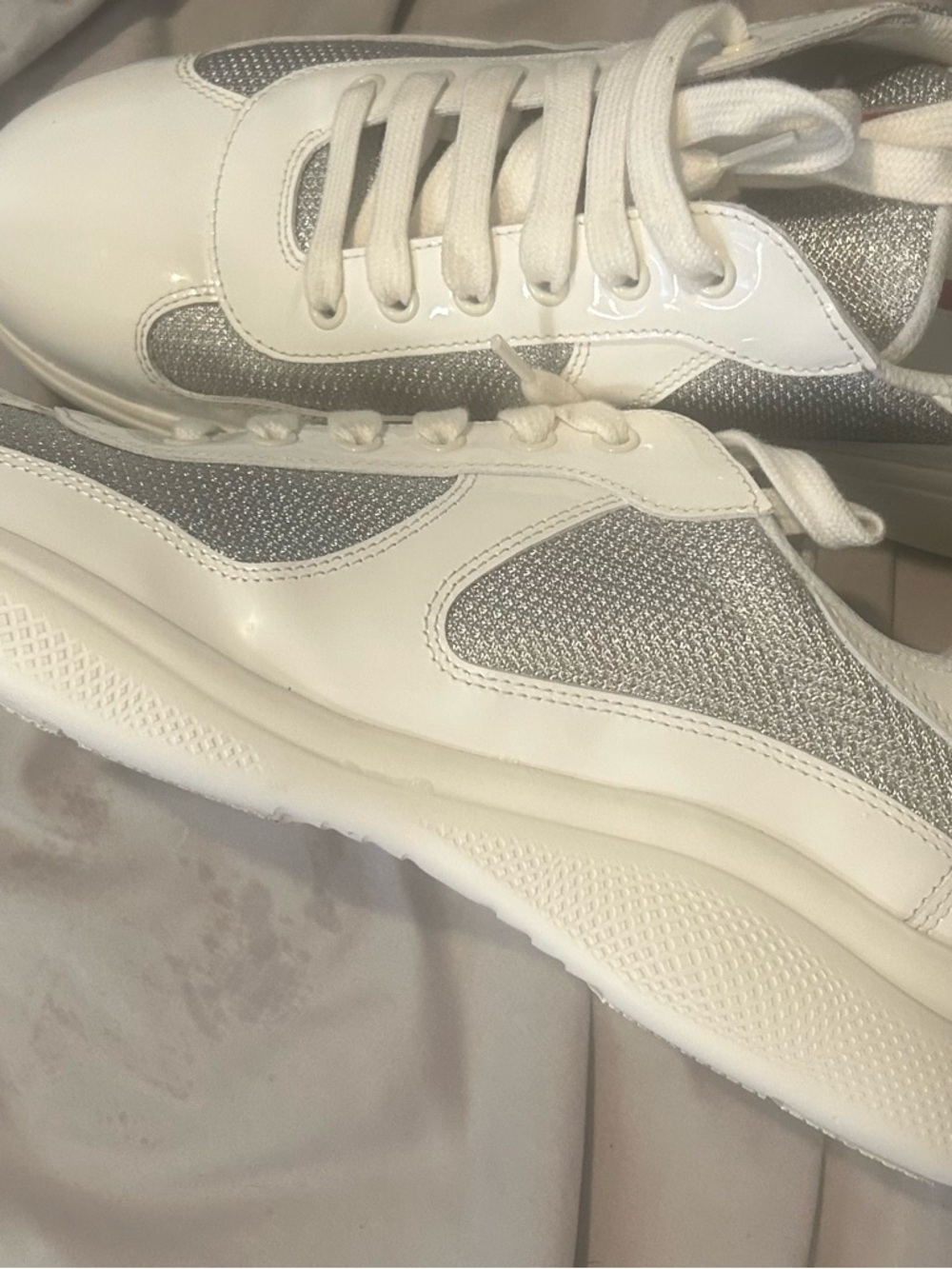 Prada White Slip-On Sneaker with Silver Mesh and Red Logo - Picture 7 of 14